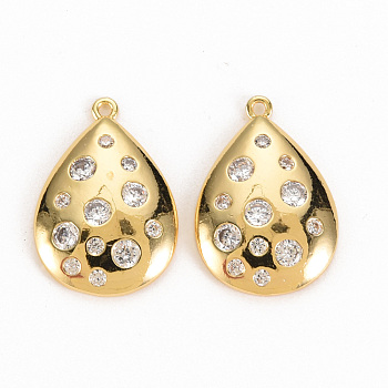 Brass Micro Pave Clear Cubic Zirconia Pendants, Nickel Free, Teardrop, Real 18K Gold Plated, 19.5x13.5x3mm, Hole: 1mm