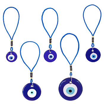 AHADEMAKER 5Pcs 5 Style Glass Evil Eye Pendant Decorations, with Polyester Cord and Iron Findings, Flat Round, Blue, 160~200x29.5~64mm, 1pc/style