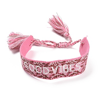 Word Good Vibes Polycotton(Polyester Cotton) Braided Bracelet with Tassel Charm, Flat Adjustable Wide Wristband for Couple, Hot Pink, Inner Diameter: 2~3-1/8 inch(5~8cm)