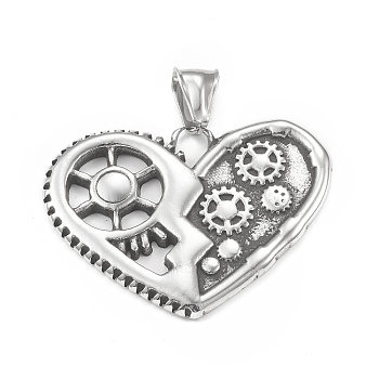 304 Stainless Steel Pendants, Heart with Gear Pattern Charm, Antique Silver, 31x42x3mm, Hole: 4x8.5mm