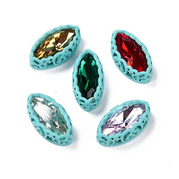 Sew on Rhinestone, Glass Rhinestone, with Brass Findings, Garments Accessories, Horse Eye, Mixed Color, Cyan, 17.5x9.5x5.5mm, Hole: 0.8mm