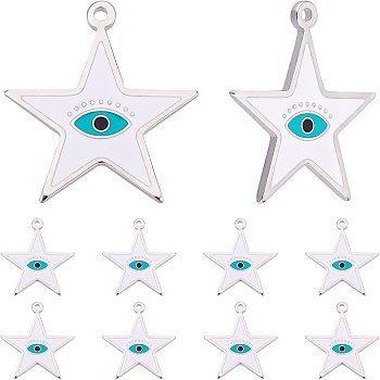 Nbeads 10Pcs 304 Stainless Steel Enamel Pendants, Star with Eye Evil, Stainless Steel Color, White, 22x20x1mm, Hole: 1.2mm