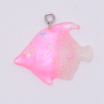 Transparent Resin Pendants, with Platinum Plated Iron Loop, Fish Shape, Hot Pink, 28.5x30x8.5mm, Hole: 2mm