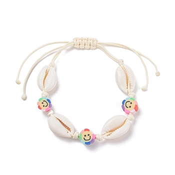 Natural Cowrie Shell Braided Bead Bracelet, Handmade Polymer Clay Smiling Face Beads Adjustable Bracelet for Women, Colorful, Inner Diameter: 1-3/4~4-1/4 inch(4.3~10.8cm)