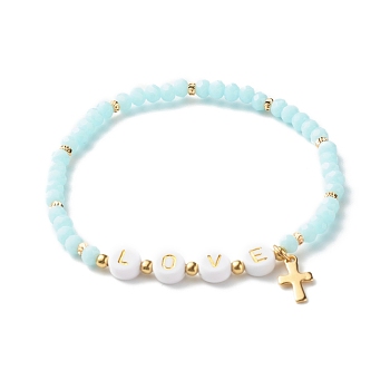 Glass Beads Stretch Bracelets, with Acrylic & Brass Beads, 304 Stainless Steel Cross Charms, Word Love, Light Sky Blue, Inner Diameter: 2-1/4 inch(5.7cm)