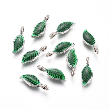 Antique Silver Plated Alloy Pendants, with Enamel, Leaf, Green, 16x6x3mm, Hole: 1.5mm