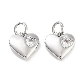 Brass Micro Pave Cubic Zirconia Charms, with Jump Ring, Heart, Platinum, 9.5x9.5x3mm, Hole: 3mm