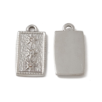 201 Stainless Steel Pendants, with Rhinestone, Rectangle with Sun Charm, Stainless Steel Color, 21x11x2mm, Hole: 1.8mm