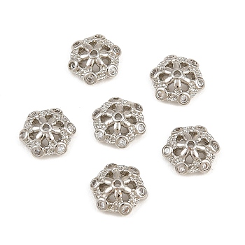 Brass Micro Pave Clear Cubic Zirconia Bead Caps, Hexagon, Rack Plating, Long-Lasting Plated, Lead Free & Cadmium Free, Platinum, 9x9x3mm, Hole: 0.8mm