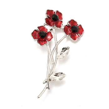 Alloy Brooches, with Rhinestone and Enamel, Remembrance Poppy Flower Badge, Platinum, 64x38x12mm, Pin: 0.6mm