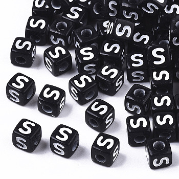 Opaque Acrylic Beads, Horizontal Hole, Alphabet Style, Cube, Black & White, Letter.S, 5x5x5mm, Hole: 2mm, about 500pcs/50g