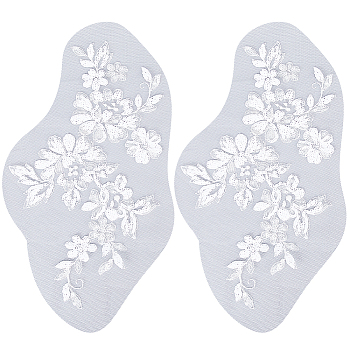 Flower Polyester Embroidery Sew on Appliques, with Plastic Sequins, Sewing Craft Decoration for Wedding Dress, Cheongsam, White, 265x145mm