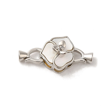 Brass Fold Over Clasps with Shell, Flower, Real Platinum Plated, Flower: 13x14x8mm, Clasp: 10.5x6x4mm, Inner Diameter: 3mm