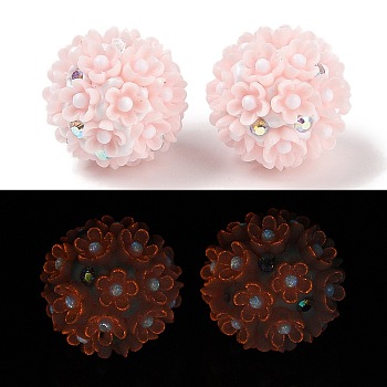 Handmade Luminous Polymer Clay Rhinestone Beads, with Acrylic, Round with Flower, Pink, 20~21mm, Hole: 2mm