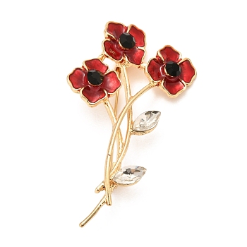 Alloy Brooches, with Rhinestone and Enamel, Remembrance Poppy Flower Badge, Light Gold, 64x38x12mm, Pin: 0.6mm