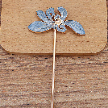 Alloy Enamel Hair Stick Findings, Round Bead Settings, Iron Stick, Flower, Light Sky Blue, 120mm