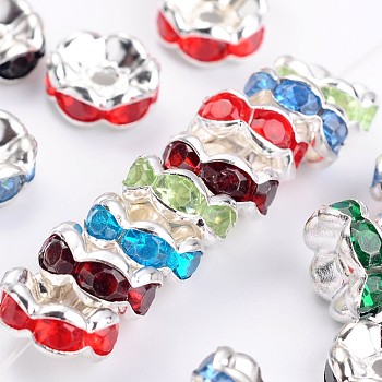 Brass Acrylic Rhinestone Spacer Beads, Wavy Edge, Silver Color Plated, Rondelle, Mixed Color, 8x3.8mm, Hole: 1mm