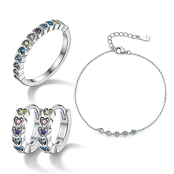 Rhodium Plated Sterling Silver Heart Finger Rings & Link Bracelets & Hoop Earrings, Colorful Cubic Zirconia Heart Jewelry Set, with 925 Stamp, Platinum, Inner Diameter: 17mm