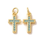 Brass Micro Pave Sky Blue Cubic Zirconia Charms, Cross Charms, Real 18K Gold Plated, 14.5x8x1.5mm, Hole: 3.5mm(CU-CBA9AB3-41G)