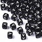 Opaque Acrylic Beads, Horizontal Hole, Alphabet Style, Cube, Black & White, Letter.V, 5x5x5mm, Hole: 2mm, about 3650pcs/365g(SACR-N002-01V)