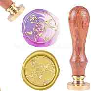 DIY Scrapbook, Brass Wax Seal Stamp and Wood Handle Sets, Flower, Golden, 8.9x2.5cm, Stamps: 25x14.5mm(AJEW-WH0100-536)