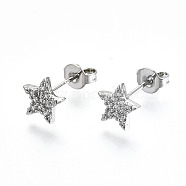 Brass Micro Pave Clear Cubic Zirconia Stud Earrings, with Ear Nuts, Nickel Free, Star, Platinum, 7.5x8mm, Pin: 0.8mm(EJEW-T046-30P-NF)
