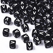 Opaque Acrylic Beads, Horizontal Hole, Alphabet Style, Cube, Black & White, Letter.V, 5x5x5mm, Hole: 2mm, about 3650pcs/365g(SACR-N002-01V)