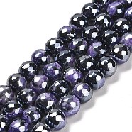 Electroplated Natural Fire Crackle Agate Round Beads Strands, Dyed & Heated, Faceted(128 Facets), Medium Purple, 10mm, Hole: 1.4mm, about 38pcs/strand, 14.96 inch(38cm)(G-G0006-A02-05)