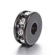 304 Stainless Steel Bead Spacers, with Rhinestone, Flat Round, Gunmetal, 7x3mm, Hole: 2.5mm(STAS-E425-043B)