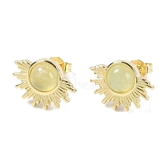 Natural Prehnite Stud Earrings, with Golden Tone Rack Plating Brass Findings, Sun, 14.6x10.9mm(EJEW-K288-01G-04)