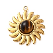 Natural Tiger Eye Sun Pendants, Golden Plated 304 Stainless Steel Sun Charms, 19.5x17x4.5mm, Hole: 1.6mm(STAS-P328-05G-01)