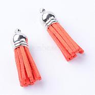 Faux Suede Tassel Pendant Decorations, with CCB Plastic Cord Ends, Platinum, Tomato, 35~37x10mm, Hole: 1.8mm(FIND-T002-A34)