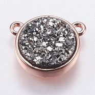 Druzy Resin Charms, with Brass Finding, Flat Round, Rose Gold, Silver, 14x11.6x4~4.5mm, Hole: 1.5mm(KK-E723-S-11RG)