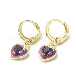 Heart Real 18K Gold Plated Brass Dangle Leverback Earrings, with Enamel and Glass, Purple, 23.5x9mm(EJEW-L268-025G-02)