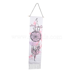 Bohemia Style Linen Wall Hanging Tapestry, Vertical Woven Net/Web with Feather Pattern Tapestry, with Wood Rod & Iron Traceless Nail & Cord, for Home Decoration, Rectangle, Floral White, 164cm(DJEW-B006-01H)