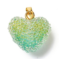 Transparent Resin Dotted Rhinetone Pendants, Heart Charms with Rack Plating Brass Findings, Real 18K Gold Plated, Cadmium Free & Lead Free, Long-Lasting Plated, Yellow Green, 21x20x11mm, Hole: 4.5x3mm(RESI-N040-01G-02-RS)