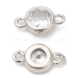 Eco-Friendly Rack Plating Brass Pave Clear Cubic Zirconia Connector Charms, Long-Lasting Plated, Lead Free & Cadmium Free, Flat Round, Platinum, 6x10.5~11x3mm, Hole: 1.2mm(KK-A186-06P)