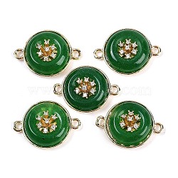 Dyed Natural White Jade Flat Round Links, Rack Plating Brass Clear Cubic Zirconia Connector Charms, Golden, Green, 14x19.5x5.5mm, Hole: 1.5mm(G-I375-08G-06)