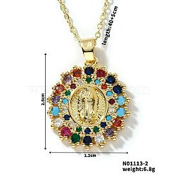 Brass Cubic Zirconia Flat Round Design Virgin Mary Pendant Exquisite Necklaces, Golden, Colorful, 15.75 inch(40cm)(HH6132-2)