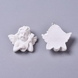 Resin Pendants, with Platinum Plated Iron Screw Eye Pin Peg Bails, Angel, White, 32.5x32x10.5mm, Hole: 1.5mm(RESI-CJC0001-10)