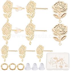 30Pcs Brass Stud Earring Findings, with Horizontal Loops, Rose Flower, with 30Pcs Open Jump Rings & 100Pcs Plastic Ear Nuts, Real 18K Gold Plated, 12x9mm, Hole: 1mm, Pin: 0.6mm(KK-CN0002-07)