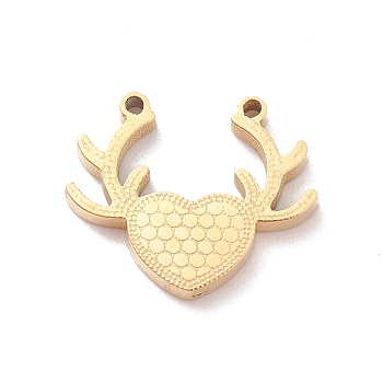 304 Stainless Steel Pendants, Heart with Antlers Charm, Real 18K Gold Plated, 13x15x2mm, Hole: 1mm