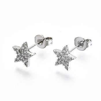 Brass Micro Pave Clear Cubic Zirconia Stud Earrings, with Ear Nuts, Nickel Free, Star, Platinum, 7.5x8mm, Pin: 0.8mm