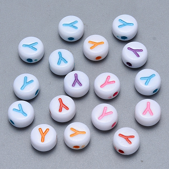 Craft Acrylic Horizontal Hole Letter Beads, Flat Round, Mixed Color, Letter.Y, 7x3.5~4mm, Hole: 1.5mm, about 3600pcs/500g