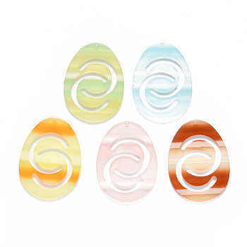 Cellulose Acetate(Resin) Big Pendants, Stripe, Oval, Mixed Color, 48x35x2.5mm, Hole: 1.5mm