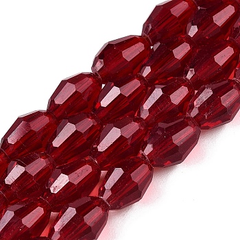 Transparent Glass Beads Strands, Faceted, Oval, Dark Red, 8x5.5mm, Hole: 1mm, about 70pcs/strand, 22.2~22.64''(55.5~57.5cm)