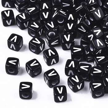Opaque Acrylic Beads, Horizontal Hole, Alphabet Style, Cube, Black & White, Letter.V, 5x5x5mm, Hole: 2mm, about 3650pcs/365g