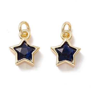 Brass Cubic Zirconia Charms, Real 18K Gold Plated, Star, Dark Blue, 9x7.5x3mm, Hole: 2.5mm