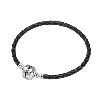 TINYSAND Rhodium Plated 925 Sterling Silver Braided Leather Bracelet Making, with Platinum Plated European Clasp, Black, 190mm