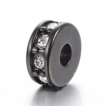 304 Stainless Steel Bead Spacers, with Rhinestone, Flat Round, Gunmetal, 7x3mm, Hole: 2.5mm